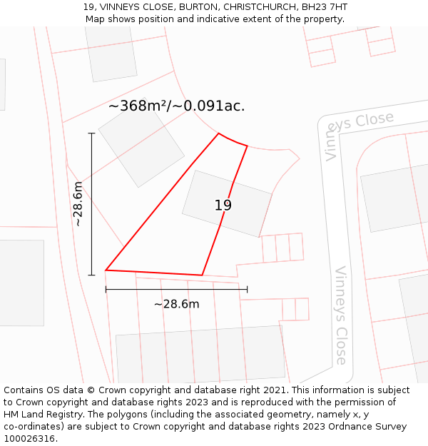 19, VINNEYS CLOSE, BURTON, CHRISTCHURCH, BH23 7HT: Plot and title map