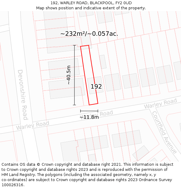 192, WARLEY ROAD, BLACKPOOL, FY2 0UD: Plot and title map