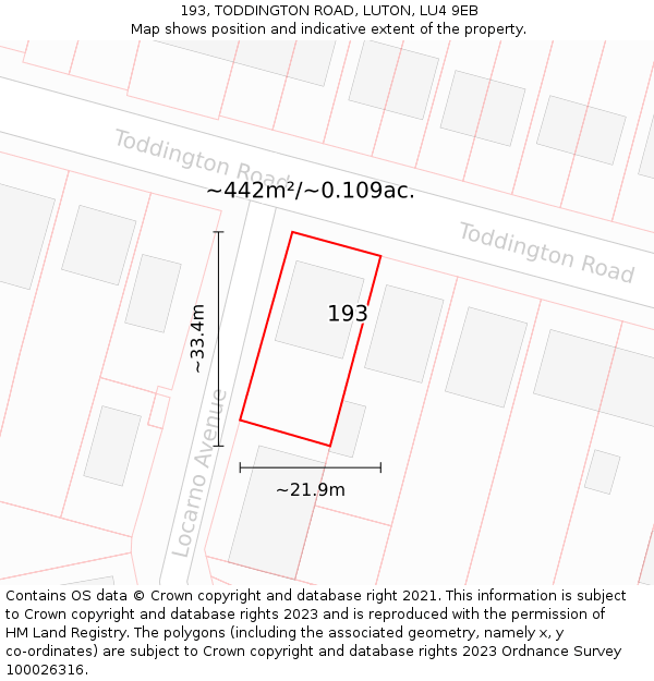 193, TODDINGTON ROAD, LUTON, LU4 9EB: Plot and title map