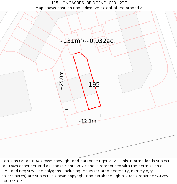 195, LONGACRES, BRIDGEND, CF31 2DE: Plot and title map