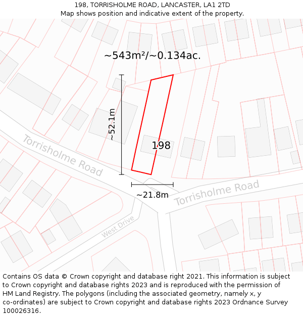 198, TORRISHOLME ROAD, LANCASTER, LA1 2TD: Plot and title map