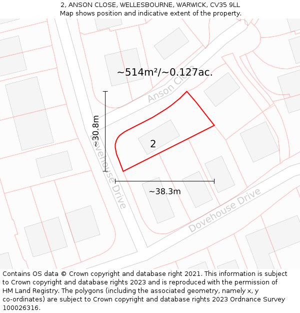 2, ANSON CLOSE, WELLESBOURNE, WARWICK, CV35 9LL: Plot and title map