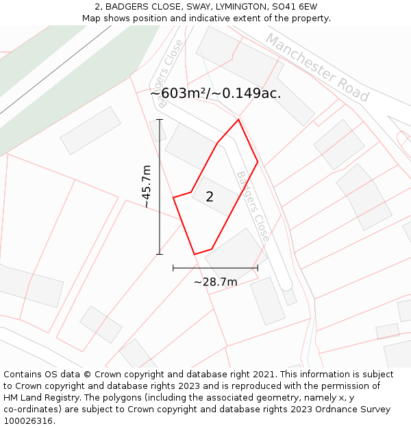 2, BADGERS CLOSE, SWAY, LYMINGTON, SO41 6EW: Plot and title map