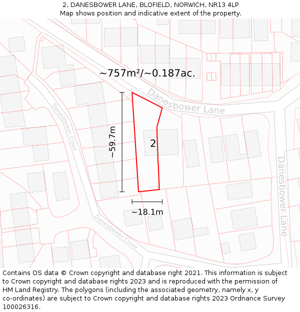 2, DANESBOWER LANE, BLOFIELD, NORWICH, NR13 4LP: Plot and title map