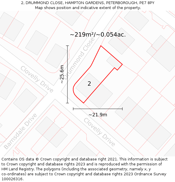 2, DRUMMOND CLOSE, HAMPTON GARDENS, PETERBOROUGH, PE7 8PY: Plot and title map