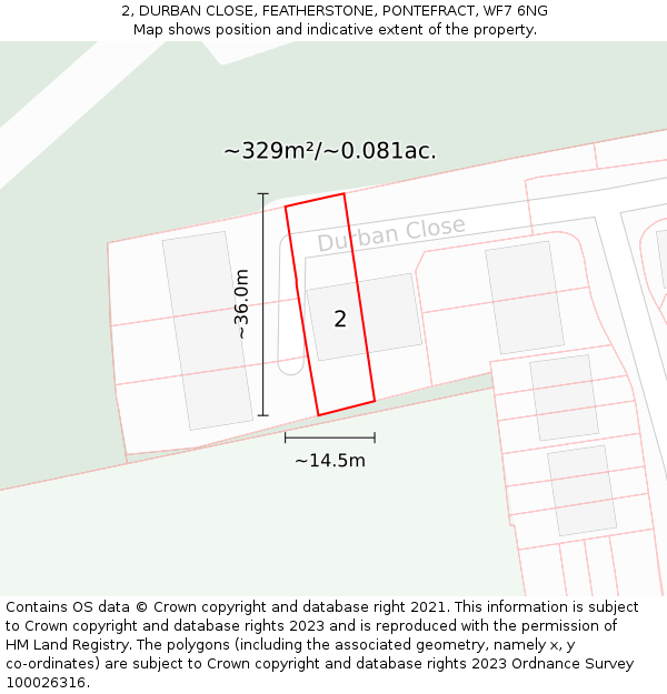 2, DURBAN CLOSE, FEATHERSTONE, PONTEFRACT, WF7 6NG: Plot and title map