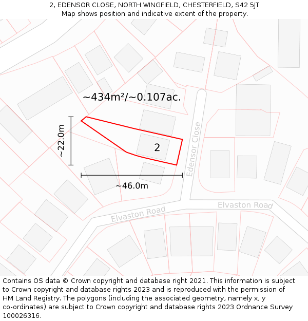 2, EDENSOR CLOSE, NORTH WINGFIELD, CHESTERFIELD, S42 5JT: Plot and title map