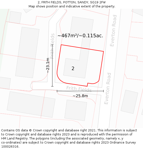 2, FRITH FIELDS, POTTON, SANDY, SG19 2FW: Plot and title map