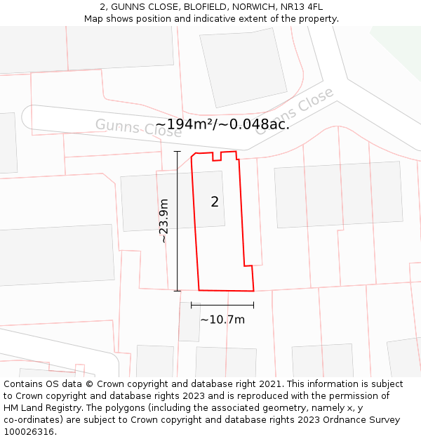 2, GUNNS CLOSE, BLOFIELD, NORWICH, NR13 4FL: Plot and title map