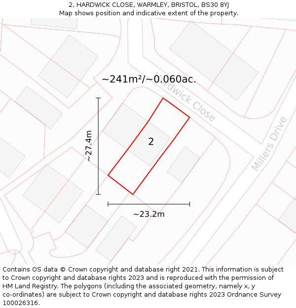 2, HARDWICK CLOSE, WARMLEY, BRISTOL, BS30 8YJ: Plot and title map