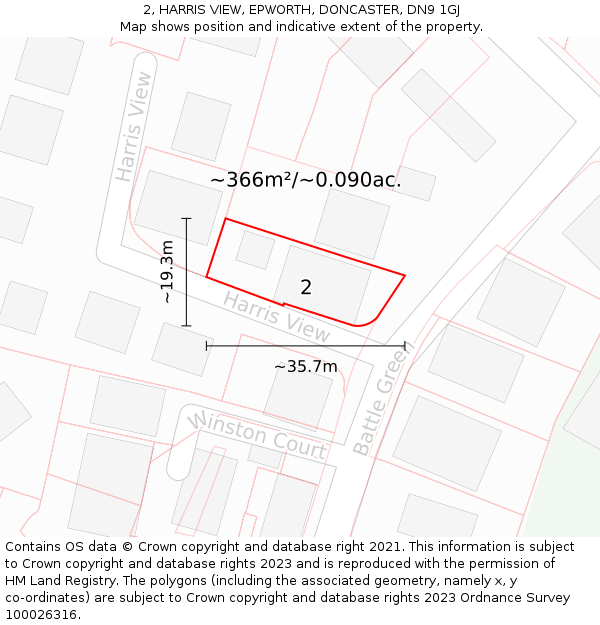 2, HARRIS VIEW, EPWORTH, DONCASTER, DN9 1GJ: Plot and title map
