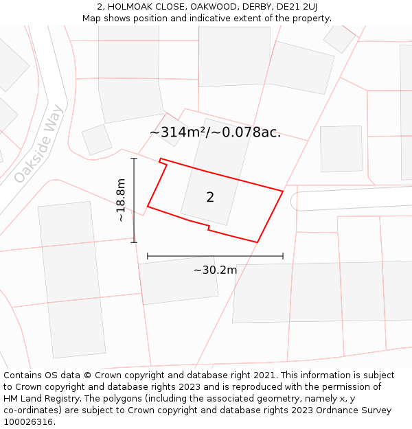 2, HOLMOAK CLOSE, OAKWOOD, DERBY, DE21 2UJ: Plot and title map