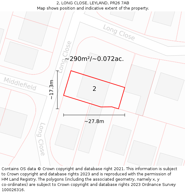2, LONG CLOSE, LEYLAND, PR26 7AB: Plot and title map