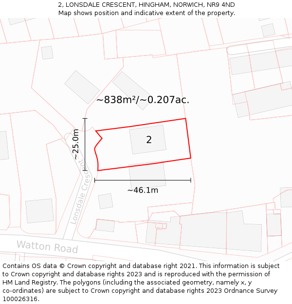 2, LONSDALE CRESCENT, HINGHAM, NORWICH, NR9 4ND: Plot and title map