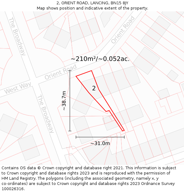 2, ORIENT ROAD, LANCING, BN15 8JY: Plot and title map