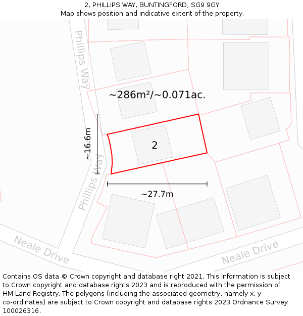 2, PHILLIPS WAY, BUNTINGFORD, SG9 9GY: Plot and title map