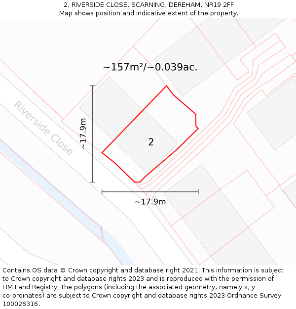 2, RIVERSIDE CLOSE, SCARNING, DEREHAM, NR19 2FF: Plot and title map