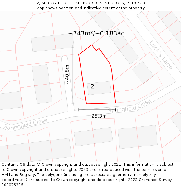 2, SPRINGFIELD CLOSE, BUCKDEN, ST NEOTS, PE19 5UR: Plot and title map