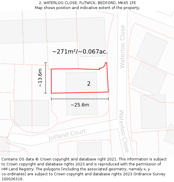 2, WATERLOO CLOSE, FLITWICK, BEDFORD, MK45 1FE: Plot and title map