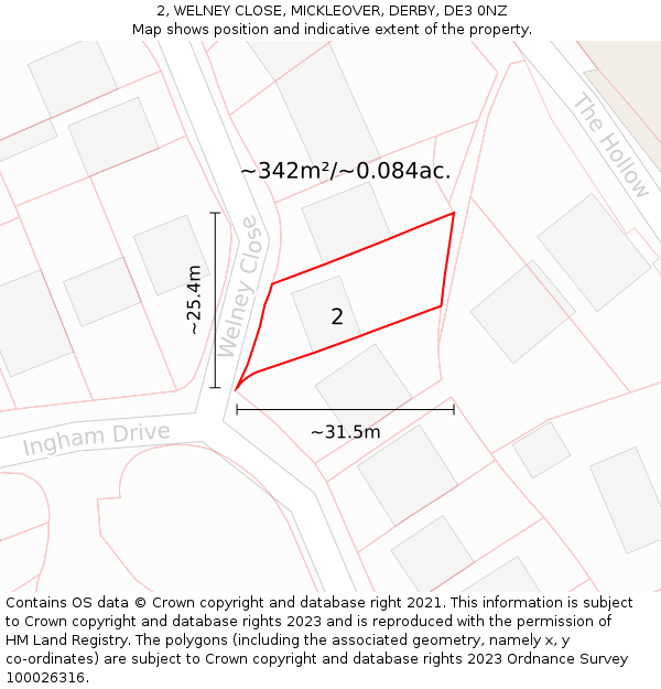 2, WELNEY CLOSE, MICKLEOVER, DERBY, DE3 0NZ: Plot and title map