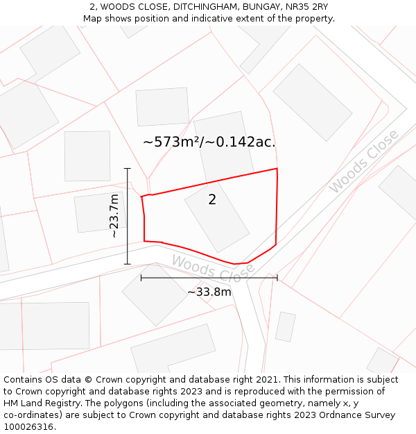2, WOODS CLOSE, DITCHINGHAM, BUNGAY, NR35 2RY: Plot and title map