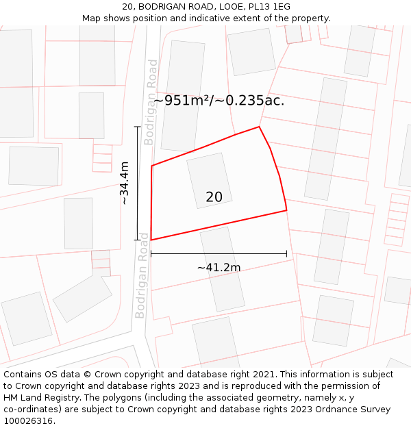 20, BODRIGAN ROAD, LOOE, PL13 1EG: Plot and title map