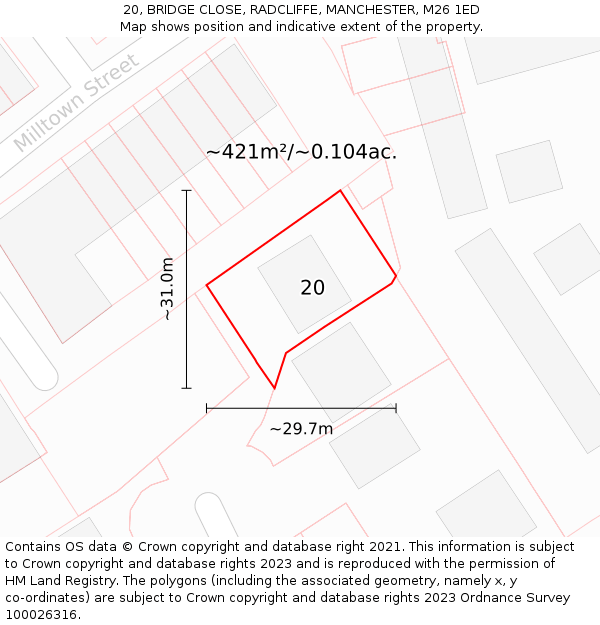20, BRIDGE CLOSE, RADCLIFFE, MANCHESTER, M26 1ED: Plot and title map