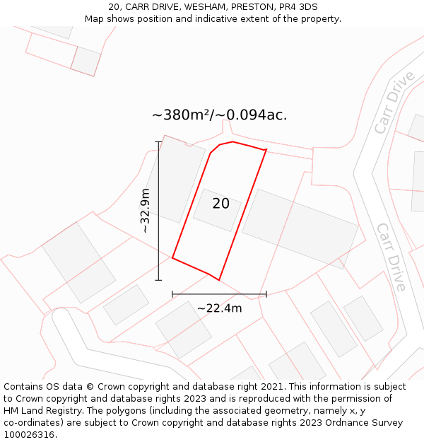 20, CARR DRIVE, WESHAM, PRESTON, PR4 3DS: Plot and title map