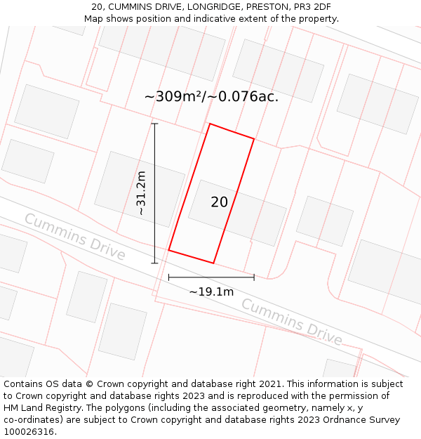 20, CUMMINS DRIVE, LONGRIDGE, PRESTON, PR3 2DF: Plot and title map