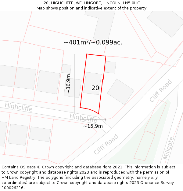 20, HIGHCLIFFE, WELLINGORE, LINCOLN, LN5 0HG: Plot and title map