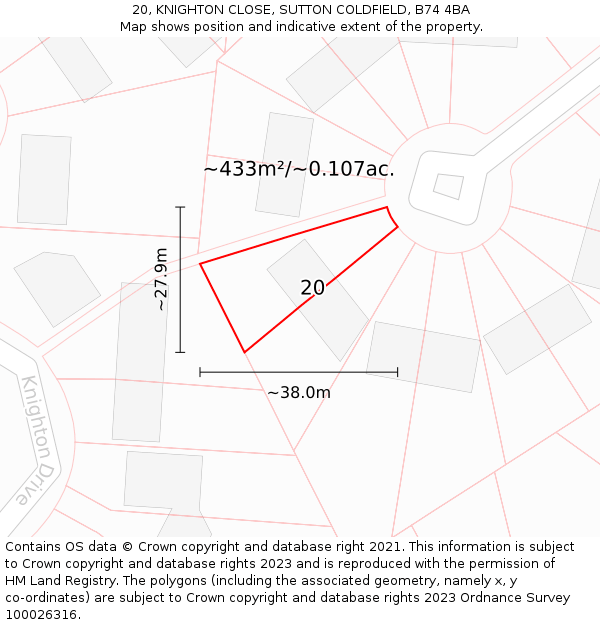 20, KNIGHTON CLOSE, SUTTON COLDFIELD, B74 4BA: Plot and title map