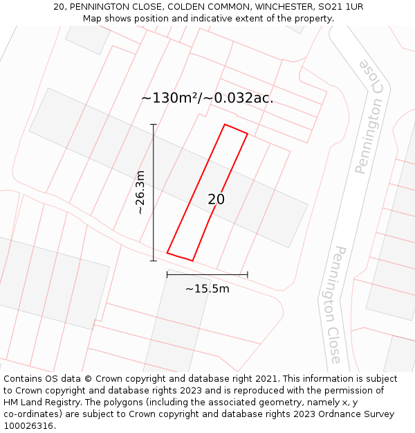 20, PENNINGTON CLOSE, COLDEN COMMON, WINCHESTER, SO21 1UR: Plot and title map