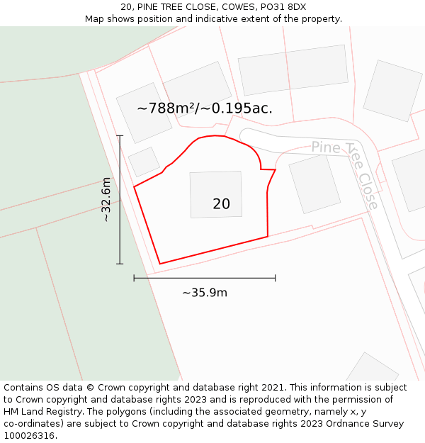 20, PINE TREE CLOSE, COWES, PO31 8DX: Plot and title map