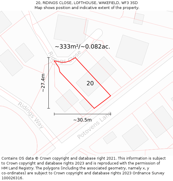 20, RIDINGS CLOSE, LOFTHOUSE, WAKEFIELD, WF3 3SD: Plot and title map