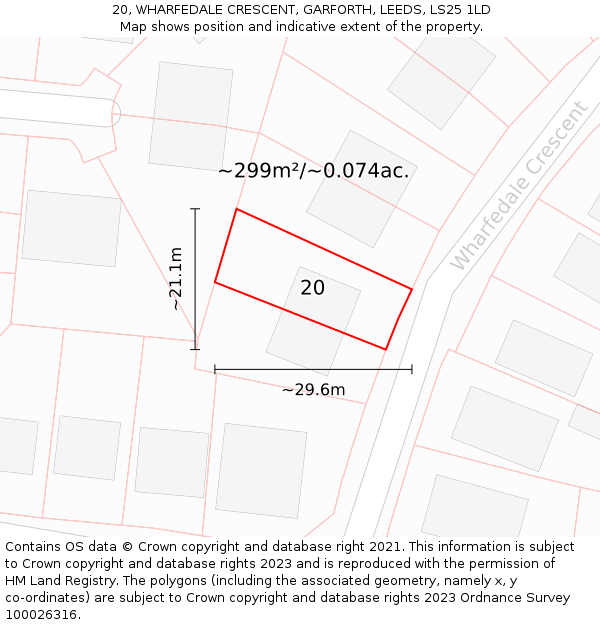 20, WHARFEDALE CRESCENT, GARFORTH, LEEDS, LS25 1LD: Plot and title map