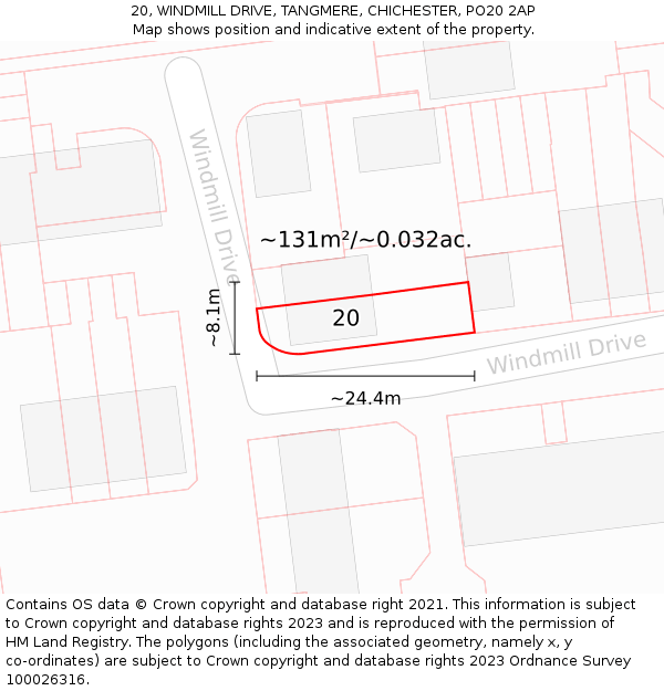 20, WINDMILL DRIVE, TANGMERE, CHICHESTER, PO20 2AP: Plot and title map
