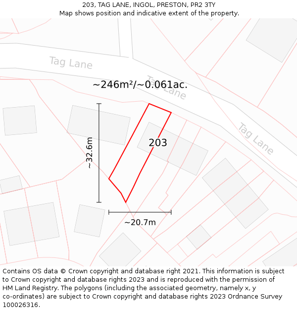 203, TAG LANE, INGOL, PRESTON, PR2 3TY: Plot and title map