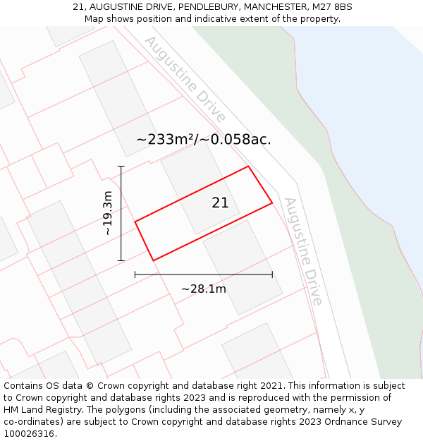 21, AUGUSTINE DRIVE, PENDLEBURY, MANCHESTER, M27 8BS: Plot and title map