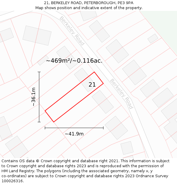 21, BERKELEY ROAD, PETERBOROUGH, PE3 9PA: Plot and title map