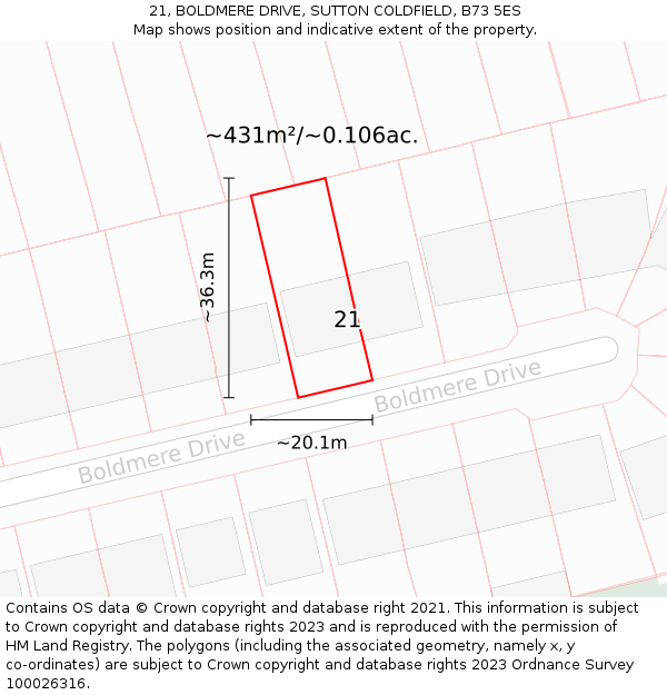 21, BOLDMERE DRIVE, SUTTON COLDFIELD, B73 5ES: Plot and title map