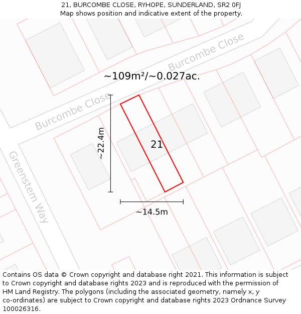 21, BURCOMBE CLOSE, RYHOPE, SUNDERLAND, SR2 0FJ: Plot and title map