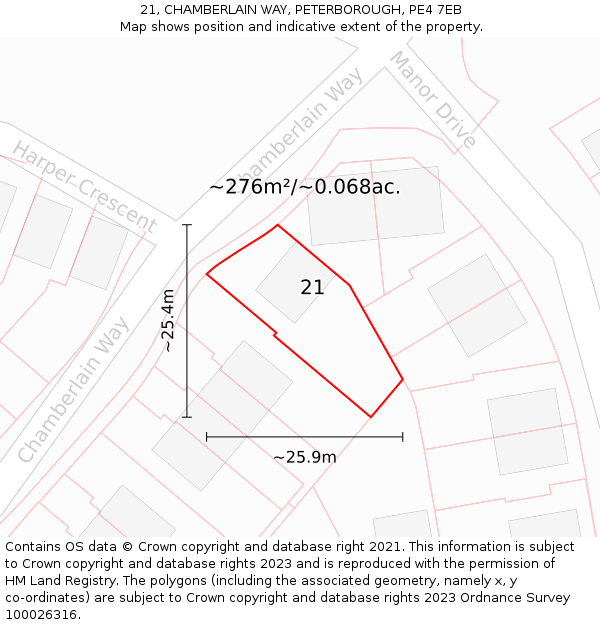 21, CHAMBERLAIN WAY, PETERBOROUGH, PE4 7EB: Plot and title map