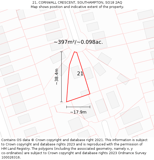 21, CORNWALL CRESCENT, SOUTHAMPTON, SO18 2AQ: Plot and title map