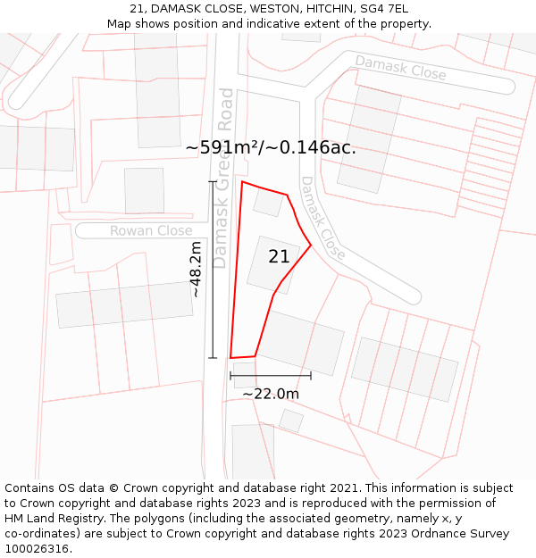 21, DAMASK CLOSE, WESTON, HITCHIN, SG4 7EL: Plot and title map