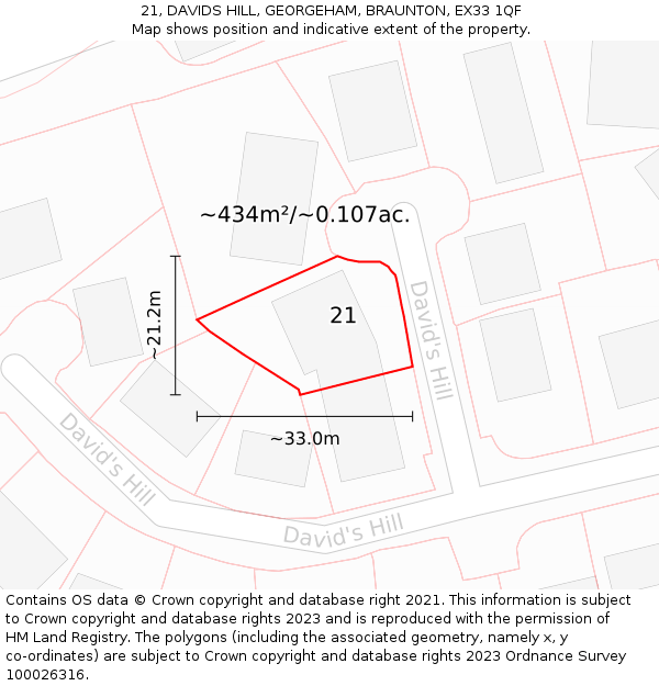 21, DAVIDS HILL, GEORGEHAM, BRAUNTON, EX33 1QF: Plot and title map