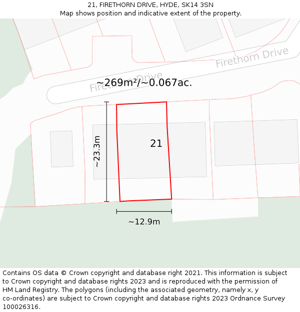 21, FIRETHORN DRIVE, HYDE, SK14 3SN: Plot and title map