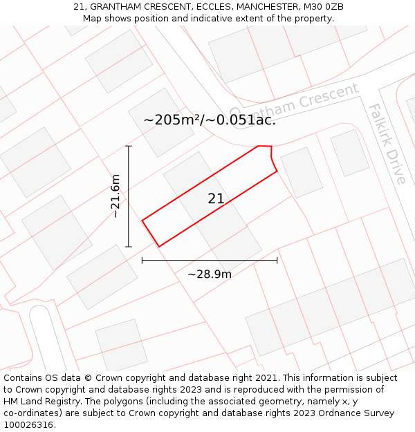 21, GRANTHAM CRESCENT, ECCLES, MANCHESTER, M30 0ZB: Plot and title map
