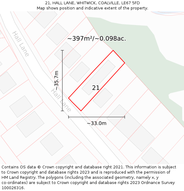 21, HALL LANE, WHITWICK, COALVILLE, LE67 5FD: Plot and title map