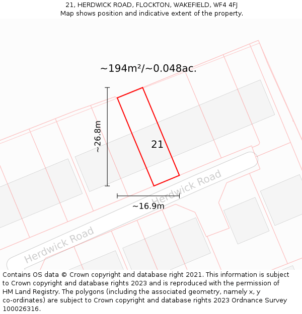 21, HERDWICK ROAD, FLOCKTON, WAKEFIELD, WF4 4FJ: Plot and title map