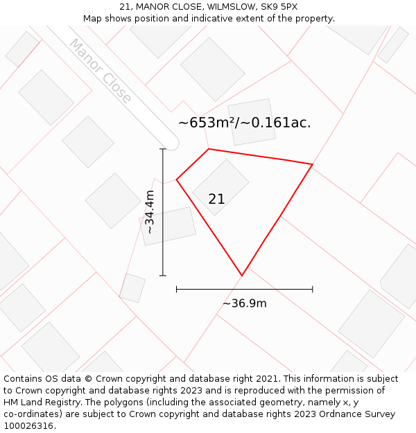 21, MANOR CLOSE, WILMSLOW, SK9 5PX: Plot and title map